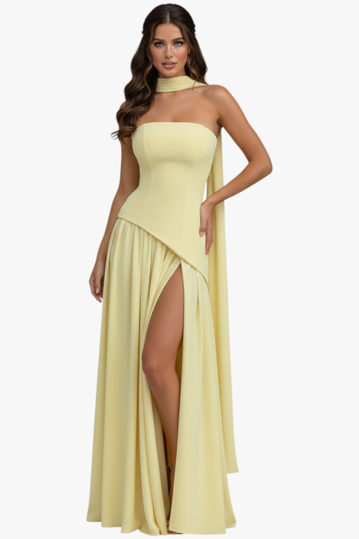 Women’s Yellow Evening Dress with Scarf and Asymmetrical Hem