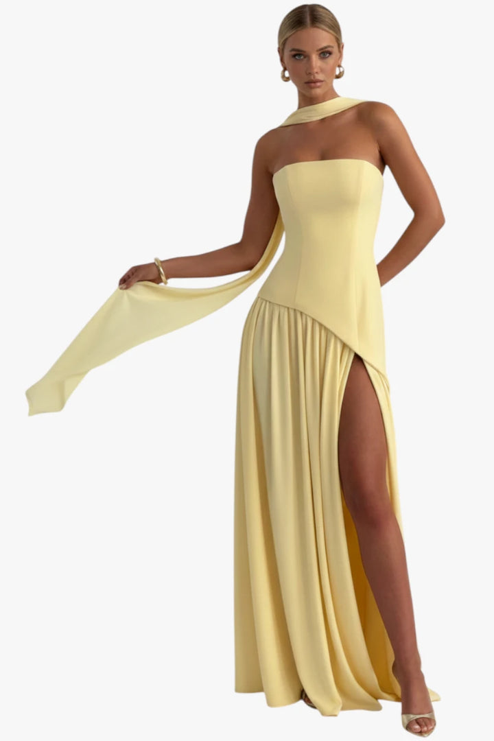 Women’s Yellow Evening Dress with Scarf and Asymmetrical Hem