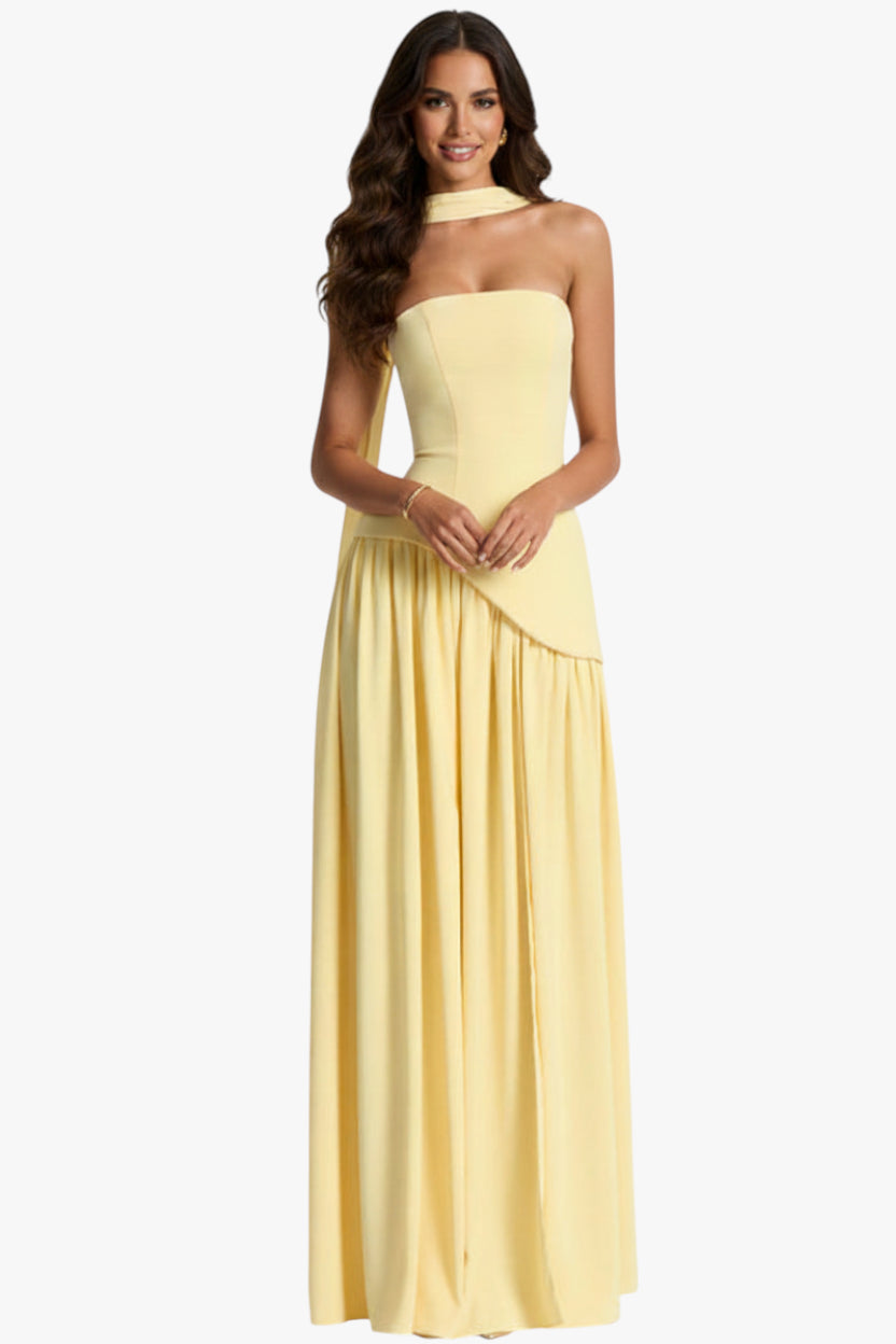 Women’s Yellow Evening Dress with Scarf and Asymmetrical Hem